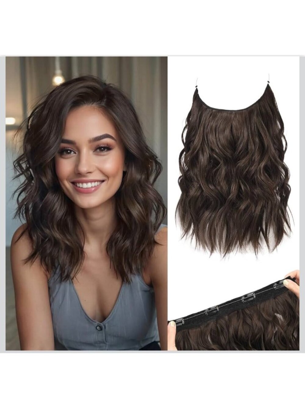 Reecho Invisible Wire Hair Extension Chocolate Brown Beach Wavy Synthetic Fiber